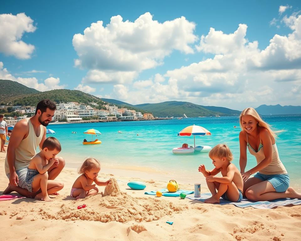 A picturesque family-friendly beach scene in Greece, showcasing a sunny, vibrant coastline with crystal-clear turquoise water. In the foreground, children building sandcastles and playing games, while parents observe with joy, dressed in modest summer clothing. The middle ground features colorful beach umbrellas and towels scattered on the soft, golden sand. A few beach toys and inflatable floaties add a playful touch. In the background, lush green hills enhance the scene with typical white-washed Grecian buildings dotting the coastline, under a bright blue sky filled with fluffy clouds. The atmosphere is cheerful and inviting, embodying the essence of a perfect family vacation. Soft sunlight casts gentle shadows, enhancing the feeling of warmth and relaxation. The viewpoint is slightly angled to capture the vibrant details of the beach and water, focusing on friendly interactions among family members.