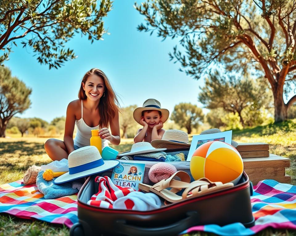 A picturesque family packing for a trip to Greece, surrounded by vibrant summer items. In the foreground, a cheerful mother and a young child are sorting beach essentials like sunscreen, hats, and towels on a colorful checkered blanket. In the middle, a suitcase lies open, filled with light clothing, sandals, and toys, incorporating a beach ball and a children's book. The background showcases a sunny outdoor setting, with olive trees and a bright blue sky, evoking a holiday atmosphere. Soft sunlight filters through the trees, casting gentle shadows. The scene radiates warmth, joy, and the excitement of a family adventure.