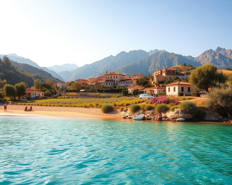 A picturesque landscape capturing the essence of Greece and its neighboring Balkan countries during their optimal travel seasons. In the foreground, a serene beach scene with crystal-clear turquoise waters gently lapping at golden sands. A few travelers in modest casual clothing are enjoying the sun, surrounded by lush greenery and traditional Greek architecture. The middle ground features rolling hills adorned with olive trees and vibrant wildflowers, while a charming village with terracotta rooftops nestles against the hills. In the background, majestic mountains under a soft blue sky create a stunning backdrop. The lighting is warm and inviting, reminiscent of a late afternoon in spring, casting a gentle glow over the scene, evoking a sense of tranquility and adventure. The overall mood is vibrant yet peaceful, illustrating the best travel times in this beautiful region.