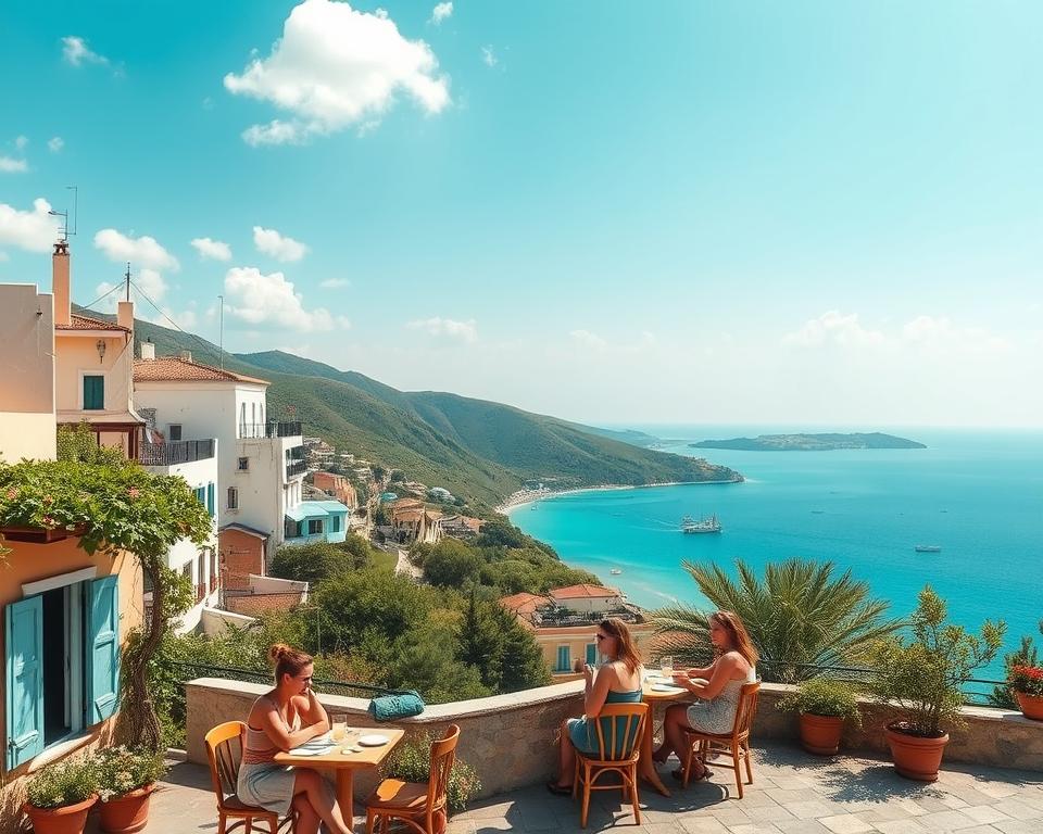 A picturesque landscape showcasing Ithaka’s serene beauty, focusing on a charming village by the coast, with traditional Greek architecture painted in soft earth tones. In the foreground, a small outdoor café with people enjoying coffee, dressed in modest casual attire, engaging in cheerful conversation. The middle ground features lush green hills leading to the tranquil turquoise sea, dotted with small boats. In the background, the sky is a bright blue with soft white clouds, creating a warm inviting atmosphere. Soft sunlight filters through, casting gentle shadows and highlighting the vibrant colors. The overall mood is relaxed and inviting, capturing the essence of travel budgeting and costs associated with a peaceful vacation in Ithaka, embodying a sense of exploration and leisure.