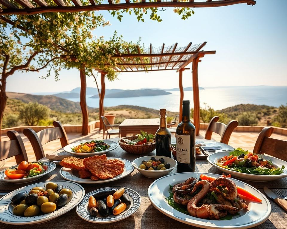 A picturesque outdoor dining scene on Ithaka, showcasing a traditional Greek table set with an array of vibrant Mediterranean dishes. In the foreground, intricately arranged plates feature fresh olives, grilled octopus, and colorful salads, paired with a decanter of local wine. Moving to the middle ground, a rustic wooden table under a charming pergola adorned with flowering vines invites diners to enjoy the culinary experience. The soft golden sunlight filters through, creating a warm, inviting atmosphere. In the background, rolling hills of olive groves and a glistening blue sea stretch out under a clear sky. The scene evokes a sense of relaxation and gastronomic adventure, perfect for travelers exploring the culinary delights of Ithaka.