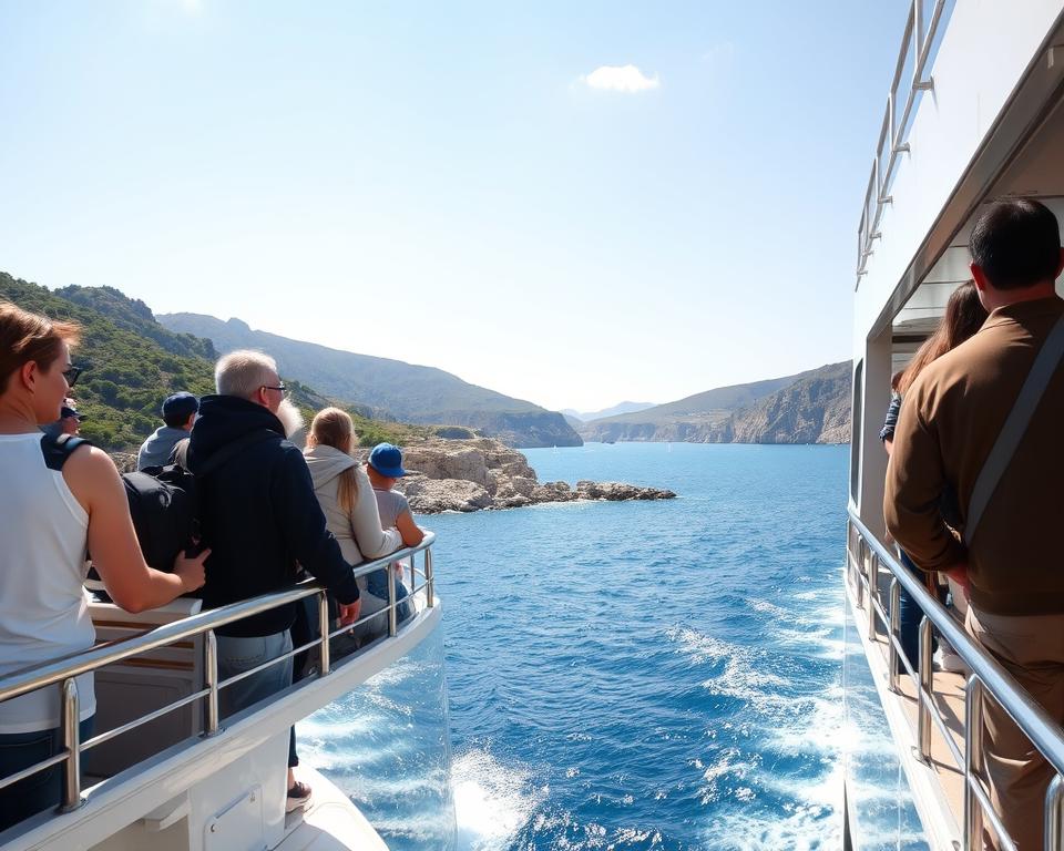 A picturesque scene depicting the journey to Ithaka, Greece. In the foreground, a modern ferry boat with travelers dressed in casual, comfortable clothing, enjoying the scenic view. In the middle ground, lush green hills and rocky coastlines of Ithaka, with the vibrant blue Aegean Sea sparkling under the warm sunlight. Sailboats gently glide across the water. In the background, a clear blue sky with a few wispy clouds. Emphasize a sense of adventure and serenity, capturing the beauty and allure of this Greek island. Use soft, natural lighting to enhance the tranquil atmosphere, with a wide-angle lens to achieve a sweeping perspective of the coastline and ferry.