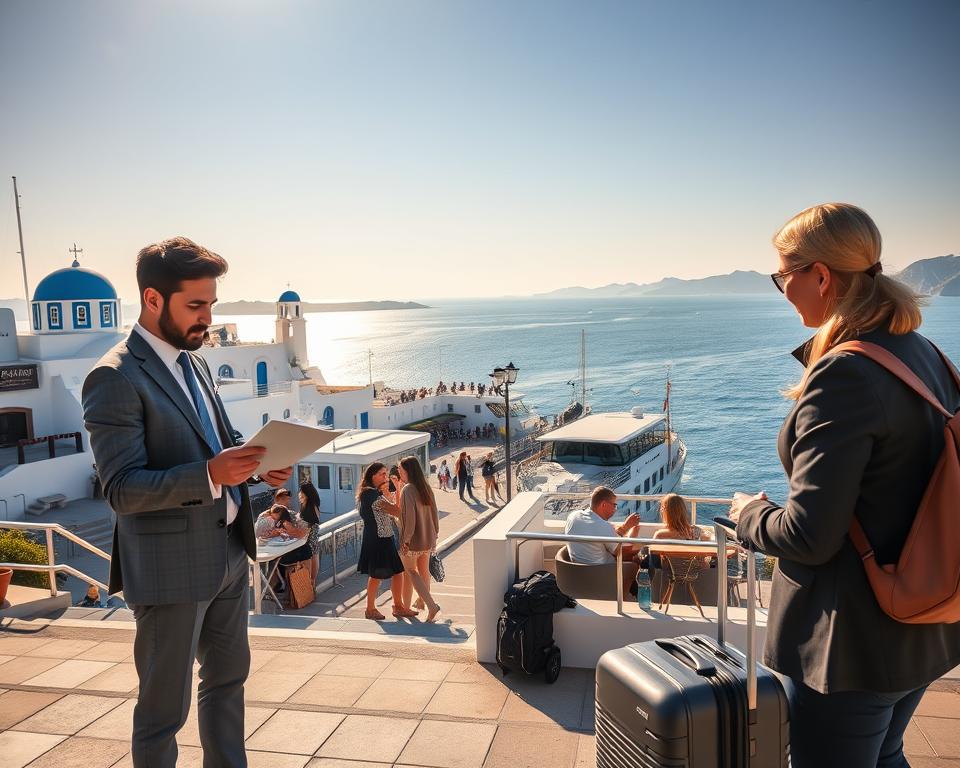 A picturesque scene illustrating travel to Greece in November. In the foreground, a well-dressed couple is checking their map or travel guide, with a modern suitcase beside them. The middle ground features a scenic ferry terminal adorned with classic Greek architecture, showcasing blue and white buildings under a clear sky. Several tourists can be seen boarding a ferry, while others are enjoying a coffee at a nearby café, depicting a bustling yet relaxed atmosphere. In the background, the Aegean Sea shimmers under the warm afternoon sunlight, with distant islands visible on the horizon, enhancing the serene mood of the scene. The lighting is bright and inviting, capturing the essence of a November getaway. The overall ambiance is warm and welcoming, inviting explorers to embark on their Greek adventure.