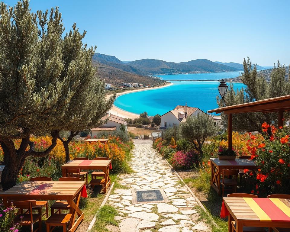 A picturesque scene of Ithaka, Greece, showcasing its serene landscape filled with olive trees and wildflowers in vibrant colors. In the foreground, a charming traditional Greek tavern with wooden tables and colorful tablecloths, inviting patrons to enjoy local delicacies. In the middle ground, a winding path leads to a distant beach with crystal-clear turquoise waters. Bright Mediterranean sunlight casts a warm glow across the scene, creating a peaceful and inviting atmosphere. The background features gently rolling hills dotted with quaint whitewashed houses, framing the stunning coastal view. The overall mood is tranquil and enticing, perfect for travelers seeking a culinary and exploratory journey through this beautiful island.
