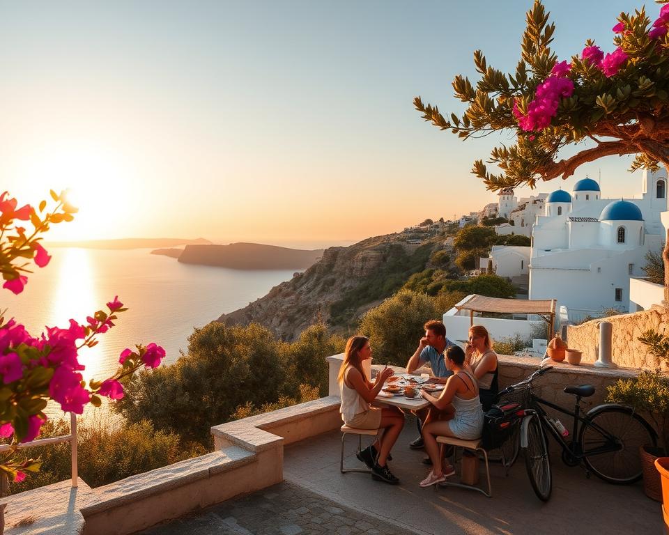 A picturesque scene of sustainable travel in the idyllic Cyclades, showcasing a modest, traditional stone villa nestled among vibrant bougainvillea and olive trees. In the foreground, a group of three travelers dressed in casual, respectful clothing is enjoying a local organic meal on a shaded terrace, with a backdrop of breathtaking cliffs overlooking crystal-clear turquoise waters. The middle ground features bicycles parked nearby, hinting at eco-friendly exploration. The sun is setting, casting a warm, golden light across the landscape, enhancing the tranquil atmosphere. The background captures several iconic whitewashed buildings with blue domes, surrounded by lush greenery, illustrating the serene beauty of the Cyclades, evoking a sense of peace and respect for nature.