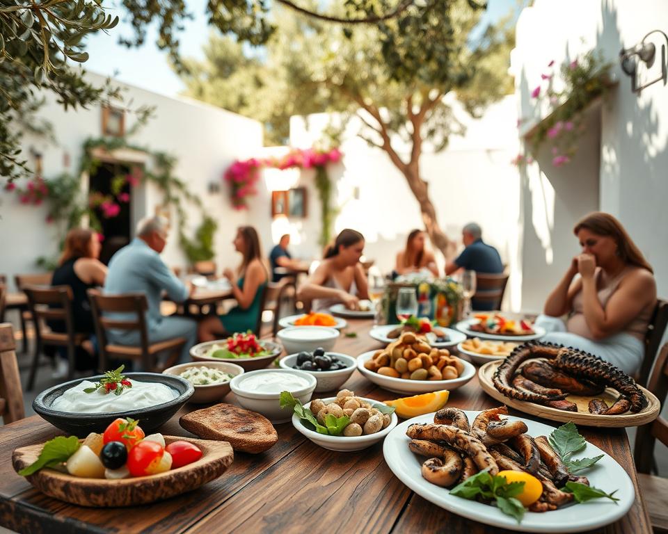 A picturesque scene showcasing an outdoor Greek taverna in the Kyklades, featuring a rustic wooden table adorned with a vibrant spread of traditional Mezedes. The foreground captures dishes like fresh tzatziki, dolmades, olives, and grilled octopus, all presented with colorful garnishes. In the middle ground, patrons enjoy their meals, dressed in modest casual clothing, exuding a warm and inviting atmosphere. The background reveals charming whitewashed architecture typical of the islands, with bougainvillea flowers cascading down the walls. Soft golden sunlight filters through the leaves of nearby olive trees, casting dappled shadows on the scene. The image conveys a relaxed, joyful mood, inviting viewers to savor the local culinary delights of Greece.