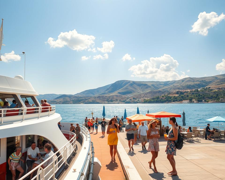 A picturesque scene showcasing the arrival process to Aegina, Greece. In the foreground, a modern ferry docked at a vibrant harbor, with passengers disembarking while casually chatting and smiling, dressed in modest, casual summer attire. The middle ground features lively waterfront cafes with colorful umbrellas, locals and tourists enjoying drinks, and the sparkling Aegean Sea glistening under a warm, golden afternoon sun. In the background, the iconic landscape of Aegina is visible, with gently sloping hills covered in lush greenery and a clear blue sky dotted with fluffy white clouds. The overall atmosphere is welcoming, relaxed, and infused with the charm of Greek island life. Use a wide-angle lens to capture depth, emphasizing both the ferry and the scenic surroundings, while soft natural lighting highlights the vibrant colors of the scene.