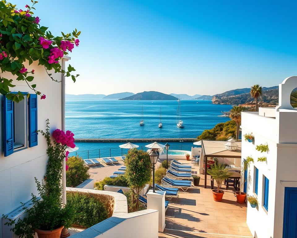 A picturesque view of Aegina, Greece showcasing various types of accommodations. In the foreground, a charming traditional Greek villa with whitewashed walls, blue shutters, and lush bougainvillea. The middle ground features a cozy seaside hotel with a terrace overlooking the azure Mediterranean Sea, adorned with potted plants and sun loungers inviting relaxation. In the background, the iconic Aegina harbor with sailboats gently swaying, framed by distant green hills beneath a clear blue sky. Soft, warm sunlight bathes the scene, casting gentle shadows, while a hint of a golden sunset creates a serene and inviting atmosphere. The composition is captured from a slightly elevated angle, providing depth and an inviting perspective on Aegina's diverse lodging options.