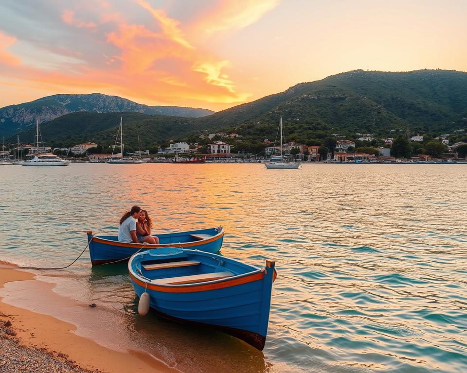 A picturesque view of Aegina Island, Greece, featuring serene coastal scenery. In the foreground, a small, charming fishing boat with a vibrant blue hull is anchored near golden sandy shores. Nearby, a couple of travelers in modest casual clothing are enjoying the sun, gazing at the crystal-clear water. In the middle ground, lush green hills dotted with olive trees stretch towards a quaint village with traditional Greek architecture. The background reveals a majestic sunset, casting warm oranges and pinks across the sky, reflecting on the waves. The lighting is soft and golden, capturing a peaceful evening atmosphere. Use a slightly elevated angle to showcase both the coastline and the mountainous backdrop, creating depth in the composition.