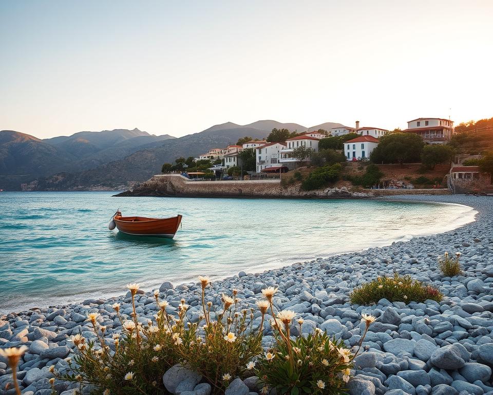 A picturesque view of Ithaka Island, Greece, at dawn, showcasing its rugged coastline and vibrant lush greenery. In the foreground, delicate wildflowers bloom amidst smooth pebbles on a serene beach, while a small wooden boat floats gently in the crystal-clear turquoise waters. The middle ground features traditional white-washed houses with terracotta roofs, nestled against the hillside, surrounded by olive trees. In the background, rolling hills lead to majestic mountains under a soft pastel sky. The lighting is warm and inviting, illuminating the scene with a golden glow as the sun rises. The atmosphere is tranquil and idyllic, embodying the essence of a perfect getaway, ideal for vacation planning. No people or distracting elements are present, ensuring a focus on the natural beauty and charm of Ithaka.