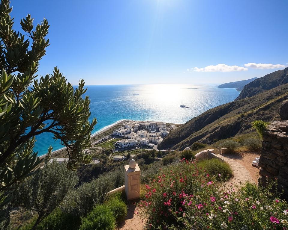 A picturesque view of Ithaka Island, showcasing a stunning coastal route perfect for travelers. In the foreground, there are lush olive trees and fragrant wildflowers lining a winding path. The middle ground features charming whitewashed buildings with blue shutters, nestled against rugged hillsides. In the backdrop, the glistening turquoise waters of the Aegean Sea sparkle under the radiant sunlight, while gentle waves lap at the shore. The sky is a clear azure, dotted with a few fluffy clouds, creating a serene and inviting atmosphere. Capture this scene with a wide-angle lens to emphasize the expansive beauty, using natural daytime lighting to enhance the vivid colors of the landscape. The mood is tranquil and idyllic, reflecting the essence of a perfect travel route on Ithaka.
