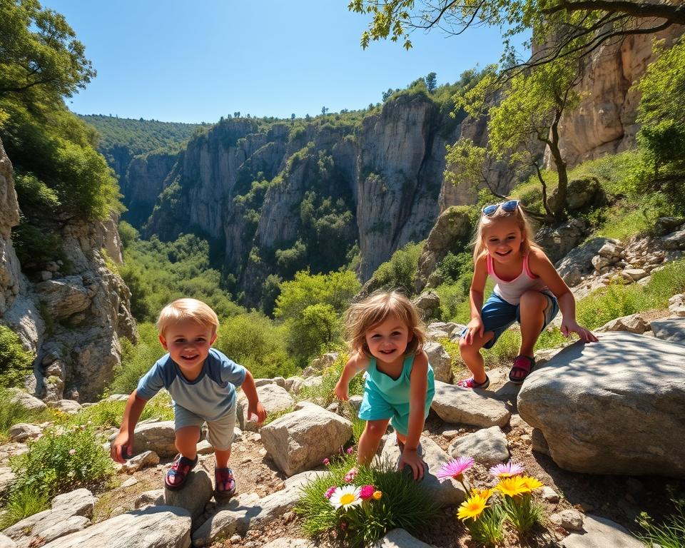 A picturesque view of Kourtaliotiko Schlucht, focusing on a family enjoying the outdoors with kids. In the foreground, two smiling children, a boy and a girl, are playfully exploring the rocky terrain with a parent nearby, guiding them. The middle ground features the dramatic cliffs of the gorge, with lush greenery and vibrant wildflowers accentuating the landscape. In the background, a clear blue sky stretches above, with sunlight filtering through the trees, casting dappled shadows on the ground. The mood is joyful and adventurous, perfect for a family-friendly atmosphere. Capture this scene from a slightly elevated angle to highlight the gorge's depth and the engaging family moment.