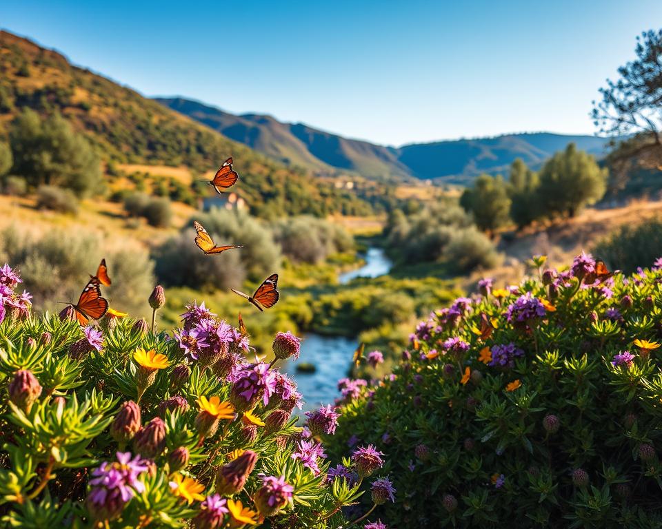 A picturesque view of Schmetterlingstal in Rhodes during the golden hours of late afternoon. In the foreground, clusters of vibrant green foliage intermingle with blooming wildflowers in rich shades of purple and yellow. Butterflies in various colors flutter gracefully among the plants, their delicate wings catching the warm sunlight. The middle ground features a gentle stream flowing through the valley, reflecting the soft light, while lush hills rise in the background, dotted with olive trees against a clear blue sky. The mood is serene and enchanting, evoking a sense of tranquility and the natural beauty of this hidden gem. Soft focus on the distant hills creates depth, with bright, natural lighting illuminating the scene, emphasizing the vivid colors of the butterflies and flowers. The image captures the essence of a magical escape into nature's artistry.