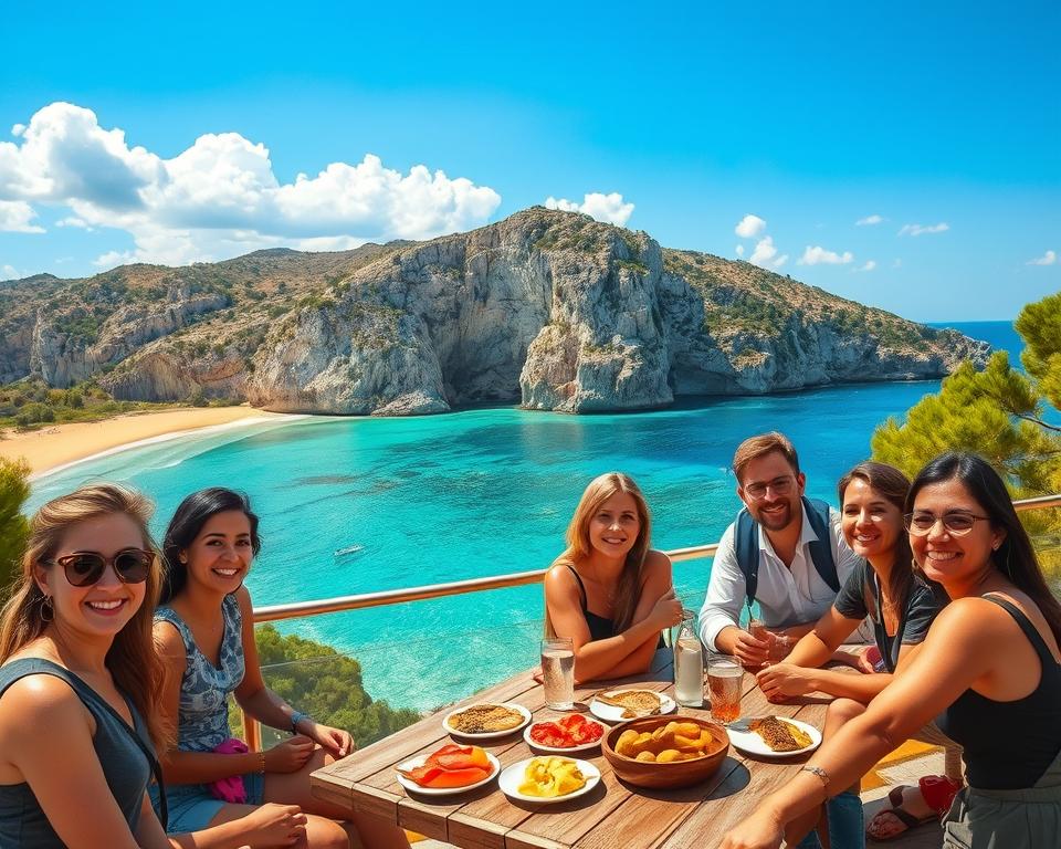 A picturesque view of Thasos, Greece, showcasing its stunning natural beauty. In the foreground, a small group of travelers, dressed in casual but tasteful clothing, is gathered around a wooden table filled with local delicacies. They are smiling and engaged in conversation, embodying a sense of camaraderie and exploration. In the middle ground, the sun-drenched coastline features crystal-clear turquoise waters lapping against golden sandy beaches, dotted with lush green trees. In the background, the majestic limestone cliffs rise dramatically, framed by a vibrant blue sky with soft, fluffy clouds. The lighting is warm and inviting, evoking a sense of tranquility and adventure. Capture this serene yet lively scene from a slightly elevated angle to encompass both the travelers and the stunning landscape, creating a relaxed and welcoming atmosphere. A picturesque view of Thasos, Greece, showcasing its stunning natural beauty. In the foreground, a small group of travelers, dressed in casual but tasteful clothing, is gathered around a wooden table filled with local delicacies. They are smiling and engaged in conversation, embodying a sense of camaraderie and exploration. In the middle ground, the sun-drenched coastline features crystal-clear turquoise waters lapping against golden sandy beaches, dotted with lush green trees. In the background, the majestic limestone cliffs rise dramatically, framed by a vibrant blue sky with soft, fluffy clouds. The lighting is warm and inviting, evoking a sense of tranquility and adventure. Capture this serene yet lively scene from a slightly elevated angle to encompass both the travelers and the stunning landscape, creating a relaxed and welcoming atmosphere.