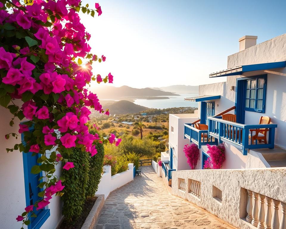 A picturesque view of "Unterkunft Ithaka," showcasing a charming, traditional Greek hotel with whitewashed walls and blue accents. In the foreground, vibrant bougainvillea flowers cascade over a stone pathway leading to the entrance. The middle ground features inviting balconies adorned with rustic wooden furniture, each overlooking a serene landscape of olive trees and the sparkling Aegean Sea. The background captures the gentle rolling hills and distant mountains under a bright, sunny sky, conveying a warm and welcoming atmosphere. Soft, golden hour lighting adds a magical touch, casting long shadows while enhancing the colors of the scene. The angle is slightly elevated, providing a broad view that highlights both the accommodation and the surrounding natural beauty, evoking a sense of tranquility and relaxation.