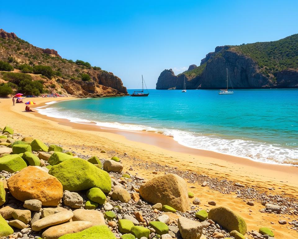 A picturesque view of a serene beach along the northern coast of Crete, showcasing soft golden sands with gentle waves lapping at the shore. In the foreground, vibrant green rocks and beach pebbles are scattered, while a few sunbathers in modest beach attire relax under colorful umbrellas. In the middle ground, clear turquoise waters reflect the sunny sky, dotted with small sailboats gliding smoothly. The background features rugged cliffs adorned with lush greenery, creating a dramatic contrast against the bright blue sea. The scene is bathed in warm, soft sunlight, creating a tranquil and inviting atmosphere, perfect for a relaxing day by the coast, captured from a slight elevation to emphasize the natural beauty of the landscape. A picturesque view of a serene beach along the northern coast of Crete, showcasing soft golden sands with gentle waves lapping at the shore. In the foreground, vibrant green rocks and beach pebbles are scattered, while a few sunbathers in modest beach attire relax under colorful umbrellas. In the middle ground, clear turquoise waters reflect the sunny sky, dotted with small sailboats gliding smoothly. The background features rugged cliffs adorned with lush greenery, creating a dramatic contrast against the bright blue sea. The scene is bathed in warm, soft sunlight, creating a tranquil and inviting atmosphere, perfect for a relaxing day by the coast, captured from a slight elevation to emphasize the natural beauty of the landscape.