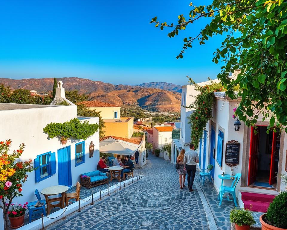 A picturesque view of affordable accommodations in Greece during November. In the foreground, display a welcoming, traditional Greek guesthouse with whitewashed walls and blue accents, surrounded by lush greenery and vibrant flowers. In the middle ground, a charming cobblestone street lined with small cafes and local shops, showcasing a relaxed atmosphere, featuring a few travelers enjoying their coffee in modest casual attire. In the background, capture the beauty of distant hills and a clear blue sky, with soft, warm sunlight illuminating the scene, creating a cozy, inviting mood. Use a slight aerial angle to capture the full layout of the area, emphasizing the accessibility and charm of budget-friendly lodging options. Ensure the image exudes a sense of exploration and comfort without any text or distractions.