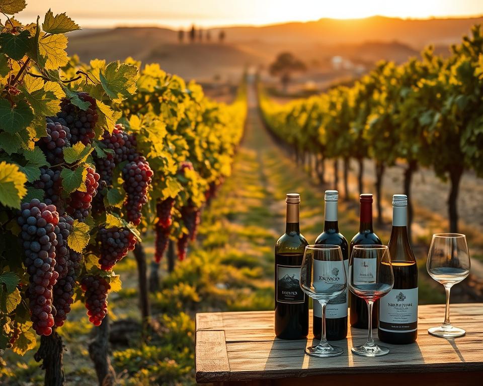 A picturesque vineyard in Greece during the golden hour, showcasing a variety of Greek wine grape varieties such as Assyrtiko, Xinomavro, and Moschofilero. In the foreground, lush grapevines heavy with ripe grapes are flourishing, their vibrant colors illuminated by the warm, soft sunlight. In the middle ground, a rustic wooden table is set with an elegant selection of wine bottles, each labeled with the distinct names of the grape varieties, alongside a few crystal wine glasses reflecting the glowing sunlight. In the background, rolling hills dotted with olive trees and the Aegean Sea shimmering under the sunset create a serene atmosphere. The mood is warm and inviting, perfect for exploring the rich culture of Greek wines. The image should have a shallow depth of field for a dreamy effect, with a slight bokeh in the background.