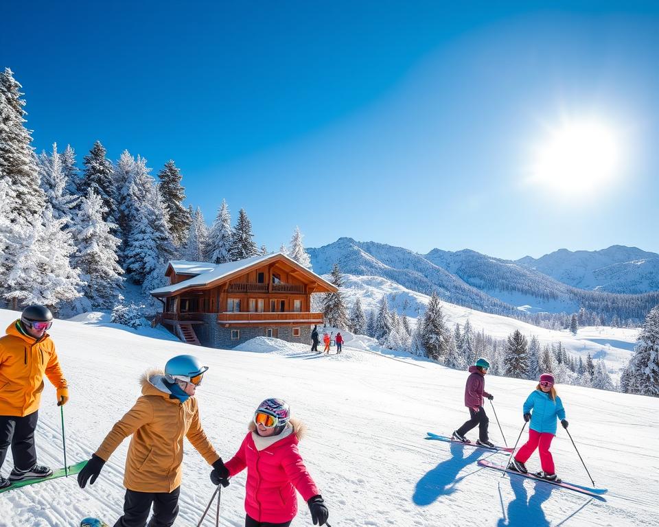 A picturesque winter sports scene in the Troodos Mountains, Cyprus. In the foreground, a group of friends, dressed in colorful, modest winter jackets and ski gear, are enjoying skiing and snowboarding on a pristine, snowy slope. In the middle ground, a charming ski lodge with wooden architecture is nestled among snow-laden pine trees, its windows glowing warmly against the cool winter landscape. The background features majestic mountains under a clear blue sky, where the bright sun casts soft, shimmering light on the snow, creating a cheerful and inviting atmosphere. The scene captures the essence of winter adventure and the natural beauty of the Troodos region, emphasizing both excitement and tranquility.