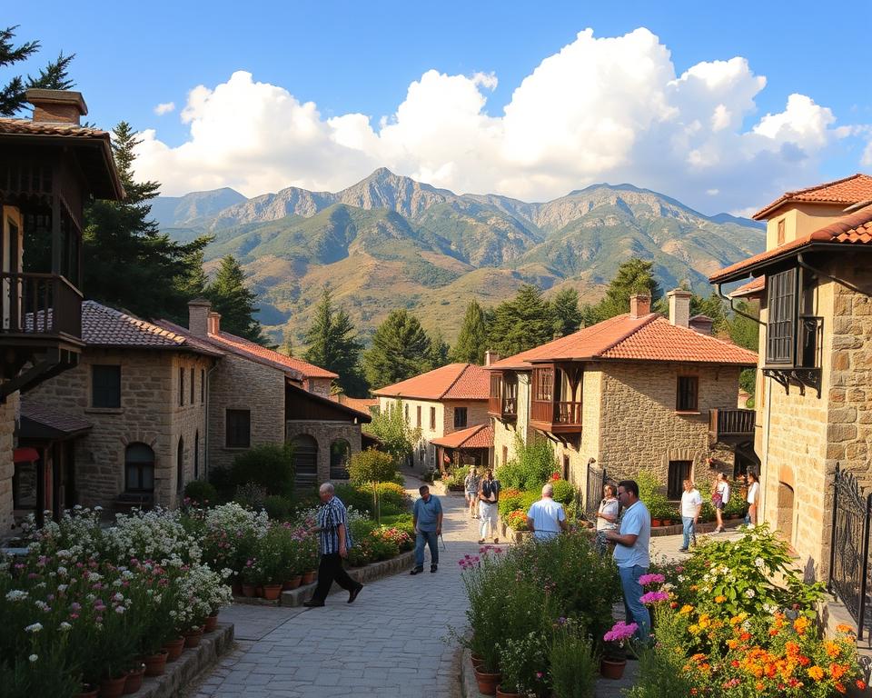 A quaint mountain village nestled in the Troodos Mountains of Cyprus, featuring traditional stone houses with red-tiled roofs and intricate wooden balconies, surrounded by lush pine forests. In the foreground, a cobblestone path leads through blooming wildflowers and charming gardens, inviting viewers into the scene. In the middle ground, villagers in modest, casual clothing engage in daily activities, such as tending to their gardens or enjoying a leisurely conversation. The background reveals majestic peaks bathed in warm, golden sunlight, casting soft shadows across the landscape. The atmosphere should evoke a sense of tranquility and timeless beauty, with a clear blue sky dotted with fluffy white clouds. Use a wide-angle lens to capture the vastness of the mountainous terrain and the intimate charm of the village.