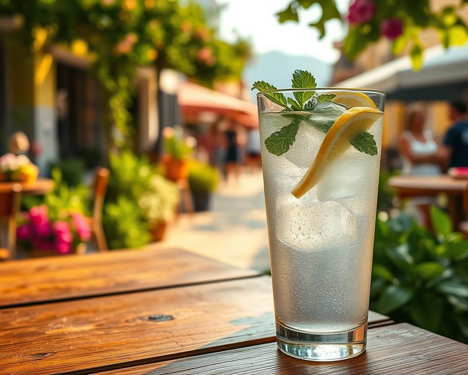 A refreshing scene featuring a glass of traditional Greek lemonade, filled to the brim with icy, sparkling liquid, garnished with fresh mint leaves and thin slices of lemon. In the foreground, the glass sits on a rustic wooden table, with droplets of condensation glistening in the warm sunlight. The middle ground showcases a picturesque outdoor café setting, with vibrant greenery and colorful flowers framing the scene. In the background, a hint of a bustling Greek market can be seen, with blurred figures of people casually enjoying their day, dressed in casual summer attire. The atmosphere is joyful and relaxed, evoking a sense of vacation and well-being. Soft, golden hour lighting bathes the scene, highlighting the freshness of the lemonade and the cheerful environment.