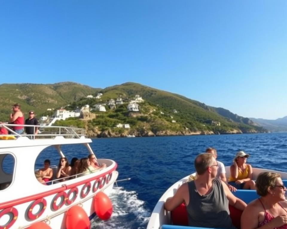 A scenic boat tour in the Ionian Sea around the island of Ithaka, Greece. In the foreground, a vibrant white boat with colorful accents contrasts against the deep blue of the water, filled with tourists in modest casual clothing, enjoying the sun. In the middle ground, lush, green hills of Ithaka rise steeply, dotted with quaint white houses and olive trees under a clear blue sky. The background features distant islands framed by the horizon, shimmering in the sunlight. The scene is bathed in warm, golden hour lighting, enhancing the tranquil and inviting atmosphere of island hopping. Use a wide-angle lens to capture the expansive beauty and sense of adventure in this idyllic Mediterranean setting.