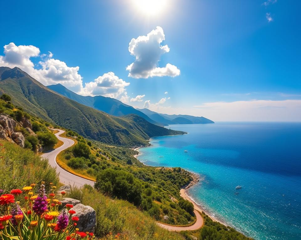 A scenic landscape of Thasos, Greece, showcasing a beautifully winding coastal road with lush greenery on either side. In the foreground, vibrant wildflowers and rocky outcrops lead the viewer's eye toward the road. The middle ground features the shimmering turquoise waters of the Aegean Sea, with small boats gently bobbing on the waves. In the background, majestic mountains rise under a brilliant blue sky scattered with fluffy white clouds. The sun casts a warm, golden light, creating a serene and inviting atmosphere. The angle is slightly elevated, providing a panoramic view that captures the essence of a perfect road trip through this idyllic island destination. A scenic landscape of Thasos, Greece, showcasing a beautifully winding coastal road with lush greenery on either side. In the foreground, vibrant wildflowers and rocky outcrops lead the viewer's eye toward the road. The middle ground features the shimmering turquoise waters of the Aegean Sea, with small boats gently bobbing on the waves. In the background, majestic mountains rise under a brilliant blue sky scattered with fluffy white clouds. The sun casts a warm, golden light, creating a serene and inviting atmosphere. The angle is slightly elevated, providing a panoramic view that captures the essence of a perfect road trip through this idyllic island destination.