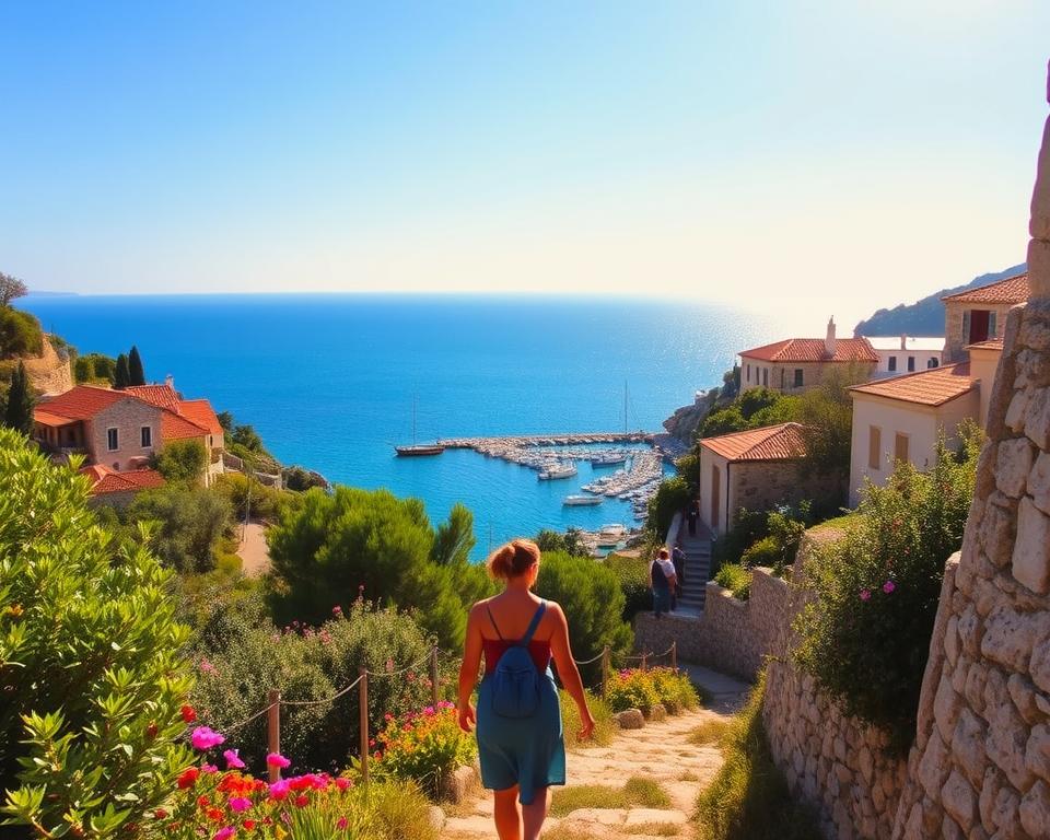 A scenic view of Ithaca Island, showcasing its picturesque coastal landscape. In the foreground, a couple in modest casual clothing is exploring a narrow, winding pathway lined with lush, green trees and vibrant wildflowers. In the middle ground, traditional stone houses with terracotta roofs dot the hillside, exhibiting the charming architecture of the island. The background features the sparkling blue waters of the Aegean Sea, with small boats gently bobbing in the harbor. The sky is clear with soft, golden sunlight illuminating the scene, creating a warm and inviting atmosphere. Capture the essence of leisure and exploration, highlighting the natural beauty and cultural richness of Ithaca Island.
