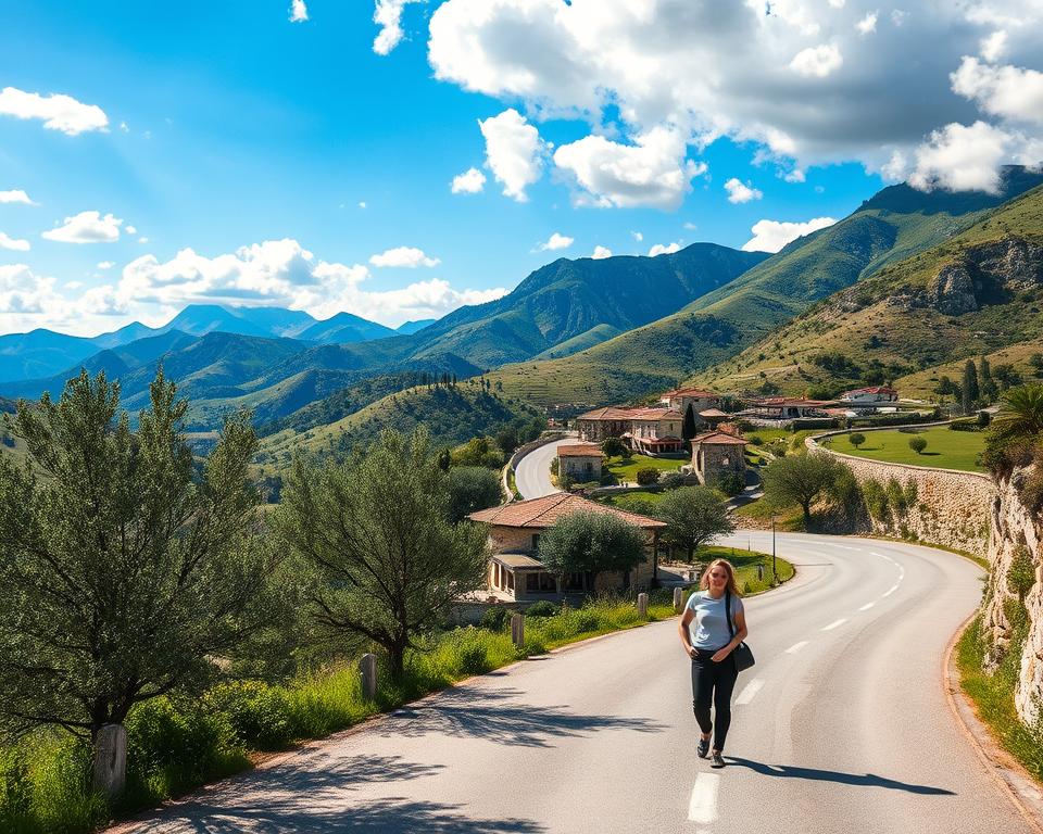 A scenic view of a Balkan road trip starting from Greece, showcasing a vibrant landscape. In the foreground, a winding road bordered by lush greenery and olive trees, with a couple of tourists in modest casual clothing enjoying the journey. In the middle ground, picturesque traditional villages with stone houses and small cafes, set against rolling hills that gradually rise. The background displays majestic mountains under a bright blue sky, with fluffy clouds drifting. Soft sunlight bathes the scene, casting gentle shadows and enhancing the colors. Capture this stunning travel experience from a slightly elevated angle, emphasizing the sense of exploration and adventure in the Balkans. The mood should be cheerful and inviting, evoking wanderlust and cultural discovery.