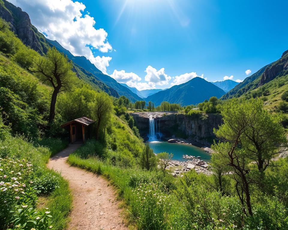 A scenic view of the Kourtaliotiko Gorge, showcasing its breathtaking beauty and nearby landmarks. In the foreground, a winding path leads through lush green vegetation, dotted with delicate wildflowers. The middle ground features a stunning waterfall cascading into a crystal-clear pool, surrounded by rugged cliffs and smooth stones. In the background, the majestic mountains rise under a bright blue sky with soft, fluffy clouds. The sunlight filters through the trees, creating dappled light and shadows on the path. The atmosphere is tranquil and serene, inviting visitors to explore the natural wonders. The image should be captured from a slightly elevated angle, emphasizing the depth and grandeur of the gorge.