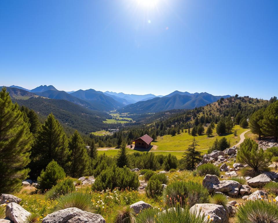 A scenic view of the Troodos Mountains in Cyprus, showcasing lush green pine forests and rocky terrain in the foreground, with a vibrant, sunlit valley in the middle ground. In the background, majestic mountain peaks rise under a clear blue sky. Add a small wooden cabin amidst flowering meadows, reflecting the charm of the region. The lighting is warm and inviting, suggesting a late afternoon glow, enhancing the natural beauty. Use a wide-angle lens to emphasize the expansive landscape, capturing the essence of adventure. The atmosphere is serene and peaceful, inviting exploration and relaxation, perfect for travel tips regarding the Troodos region.