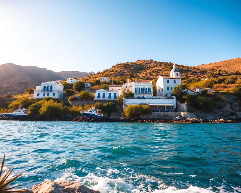 A serene and captivating scene of "Sicherheit Ithaka," showcasing a stunning coastal view of Ithaka Island in Greece. In the foreground, gentle waves lap against the rocky shore, with lush greenery dotting the land. The middle ground features quaint, traditional whitewashed buildings with blue shutters, representing local architecture. In the background, sunlit hills rise, covered in olive trees under a clear, azure sky. The scene bathes in warm golden hour lighting, casting long soft shadows and creating a tranquil atmosphere. The angle should be a slight bird's eye view, inviting viewers into this Greek paradise, evoking a sense of peace and security for travelers planning their visit.