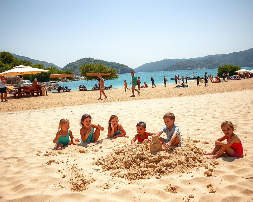 A serene and inviting beach in Greece, perfect for families, featuring soft golden sands that gently slope into shallow, calm waters. In the foreground, a group of cheerful children builds a sandcastle, their sun-safe clothing brightly colored to reflect a joyful atmosphere. Nearby, a well-equipped picnic area with umbrellas and comfortable seating, offering families a place to relax. In the middle ground, families are seen enjoying the beach, some playing games, and others lounging under shaded spots. In the background, picturesque Greek islands with lush greenery and gentle waves complement the scene. The lighting is warm and sunny, casting soft shadows, evoking a peaceful, happy family vacation mood. Captured with a wide-angle lens to encompass the beauty of the landscape and the warmth of family activities.