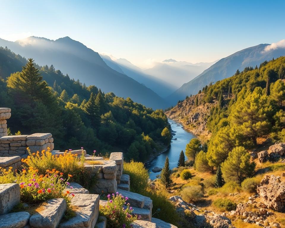 A serene and majestic view of the Troodos Mountains in Cyprus, showcasing the lush green pine forests and rocky terrain in rich detail. In the foreground, ancient stone ruins symbolizing the historical significance of the area, partially covered in vibrant wildflowers. In the middle ground, a gentle stream flowing through the landscape, reflecting the clear blue sky above. The background features towering mountains, shrouded in soft wisps of morning mist. The scene is bathed in warm golden sunlight, creating a tranquil and inviting atmosphere. Capture this panorama with a wide-angle lens from a slightly elevated perspective, emphasizing both the beauty and the rich history of Troodos. No people or text present in the image.