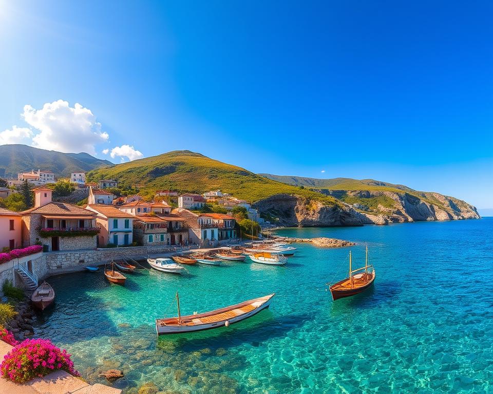 A serene and picturesque view of Ithaka Island, Greece, showcasing a vibrant coastline with crystal-clear turquoise waters. In the foreground, a quaint seaside village featuring traditional stone houses adorned with colorful flowers, creating a warm and inviting atmosphere. The middle ground captures local fishermen repairing their nets, emphasizing the island's rich maritime culture. The background is dominated by lush green hills and rocky cliffs, bathed in the golden light of early morning, casting soft shadows and adding depth to the scene. The sky is a brilliant blue with a few fluffy white clouds, enhancing the tranquil mood. The image should convey a sense of adventure and relaxation, perfect for illustrating day trips from Ithaka. Use a wide-angle lens for a panoramic effect, ensuring all elements are sharply focused to draw the viewer into this idyllic setting.