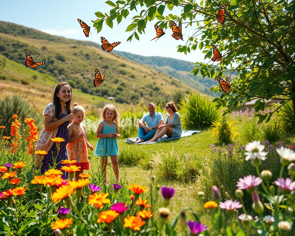 A serene and vibrant butterfly valley scene in Rhodes, capturing a moment of mindfulness in nature. In the foreground, a family of four, dressed in colorful but modest casual clothing, joyfully observing butterflies fluttering around vibrant wildflowers. In the middle ground, a couple sits on a picnic blanket, sharing a quiet moment together, surrounded by lush greenery and blooming plants. The background features gentle rolling hills and a clear blue sky, with soft sunlight filtering through the leaves, casting dappled shadows on the ground. The atmosphere is peaceful and inviting, embodying the essence of connection with nature, encouraging exploration and appreciation. Use a wide-angle lens to encompass the expansive beauty of the valley, with a warm color palette to enhance the tranquil mood.