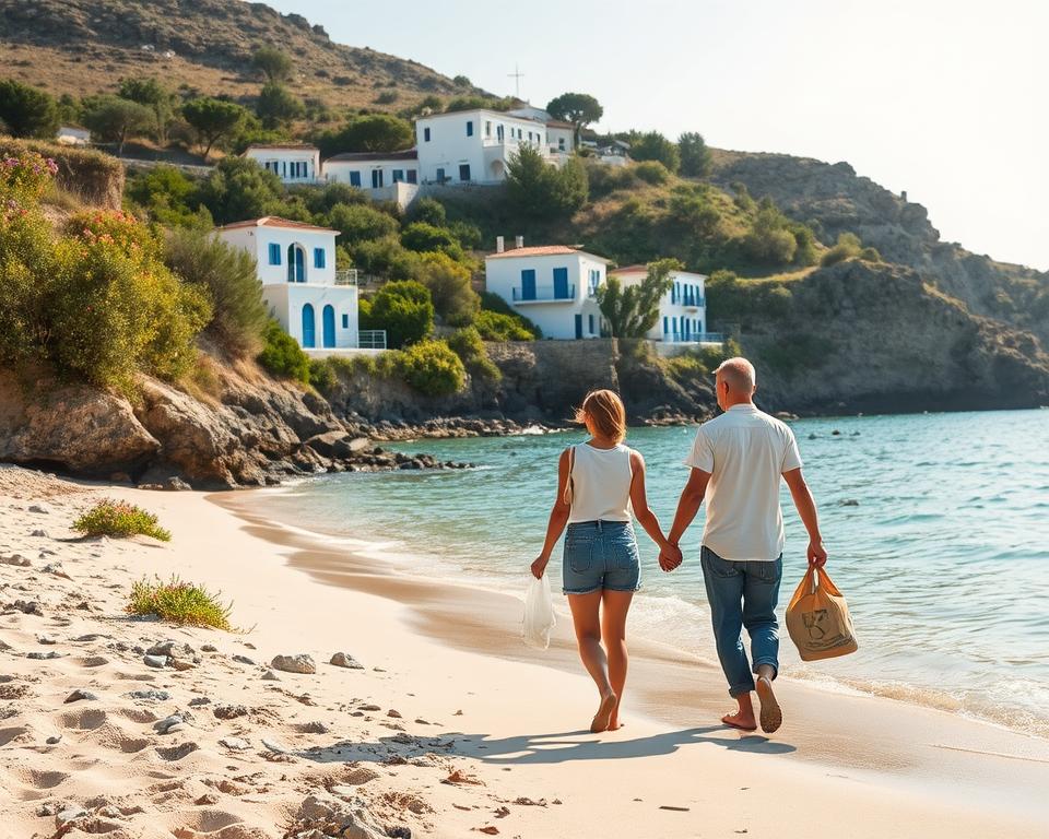 A serene beach scene on the coast of Crete, depicting sustainable travel. In the foreground, a couple in modest casual clothing walks hand-in-hand along a sandy shoreline, looking out over crystal-clear waters while collecting litter in eco-friendly bags. The middle ground features lush green cliffs dotted with vibrant wildflowers, showcasing the island's natural beauty. In the background, quaint white-washed buildings with blue accents are nestled among olive and citrus trees, under a bright, sunny sky. Soft, golden sunlight bathes the scene, casting gentle shadows that enhance the tranquil atmosphere. The overall mood conveys a sense of harmony with nature, celebrating eco-conscious tourism. A serene beach scene on the coast of Crete, depicting sustainable travel. In the foreground, a couple in modest casual clothing walks hand-in-hand along a sandy shoreline, looking out over crystal-clear waters while collecting litter in eco-friendly bags. The middle ground features lush green cliffs dotted with vibrant wildflowers, showcasing the island's natural beauty. In the background, quaint white-washed buildings with blue accents are nestled among olive and citrus trees, under a bright, sunny sky. Soft, golden sunlight bathes the scene, casting gentle shadows that enhance the tranquil atmosphere. The overall mood conveys a sense of harmony with nature, celebrating eco-conscious tourism.