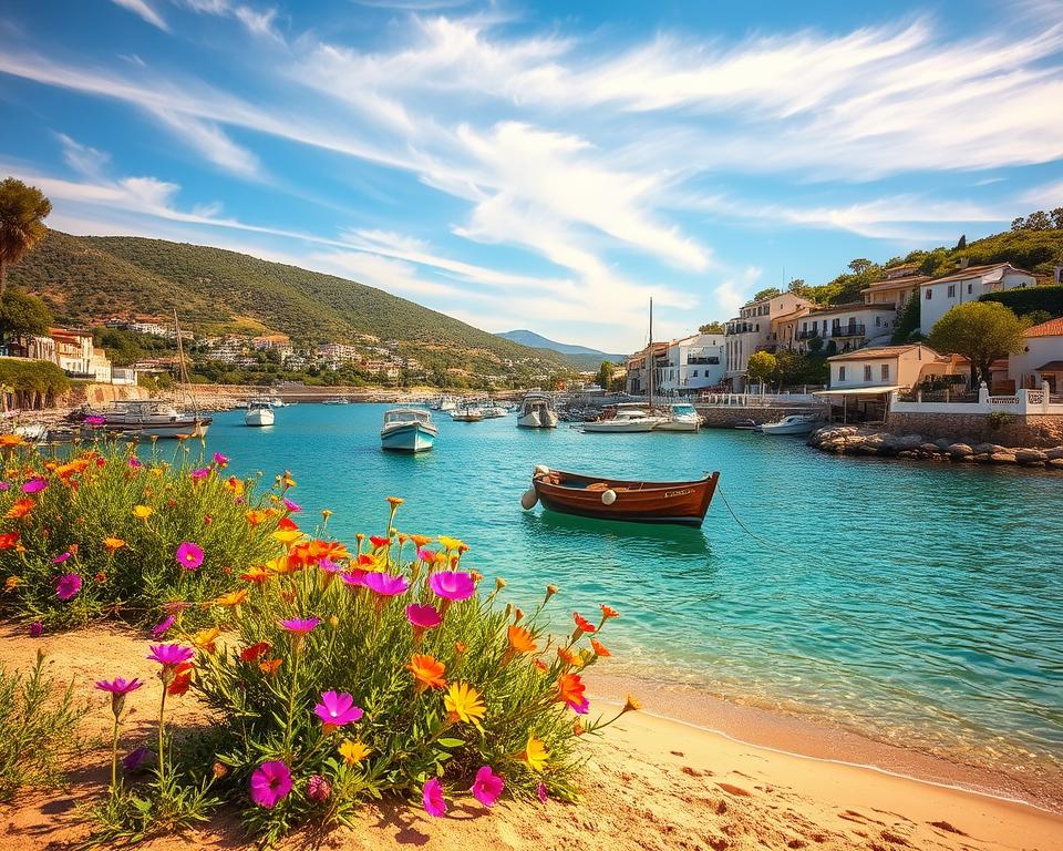 A serene coastal scene of Aegina, Greece, during a charming spring afternoon. In the foreground, vibrant wildflowers bloom along the sandy beach, their colors bright against the golden sand. The middle ground features a picturesque harbor with traditional wooden fishing boats gently bobbing on clear turquoise waters, reflecting the soft sunlight. In the background, lush green hills rise, dotted with quaint whitewashed houses and olive trees, framing the stunning landscape. The sky is a brilliant blue with wispy clouds, conveying a peaceful and inviting atmosphere. Soft, warm lighting enhances the idyllic setting, creating a sense of tranquility and harmony. The angle captures both the beauty of the shoreline and the welcoming details of the charming architecture typical of Greek island life.