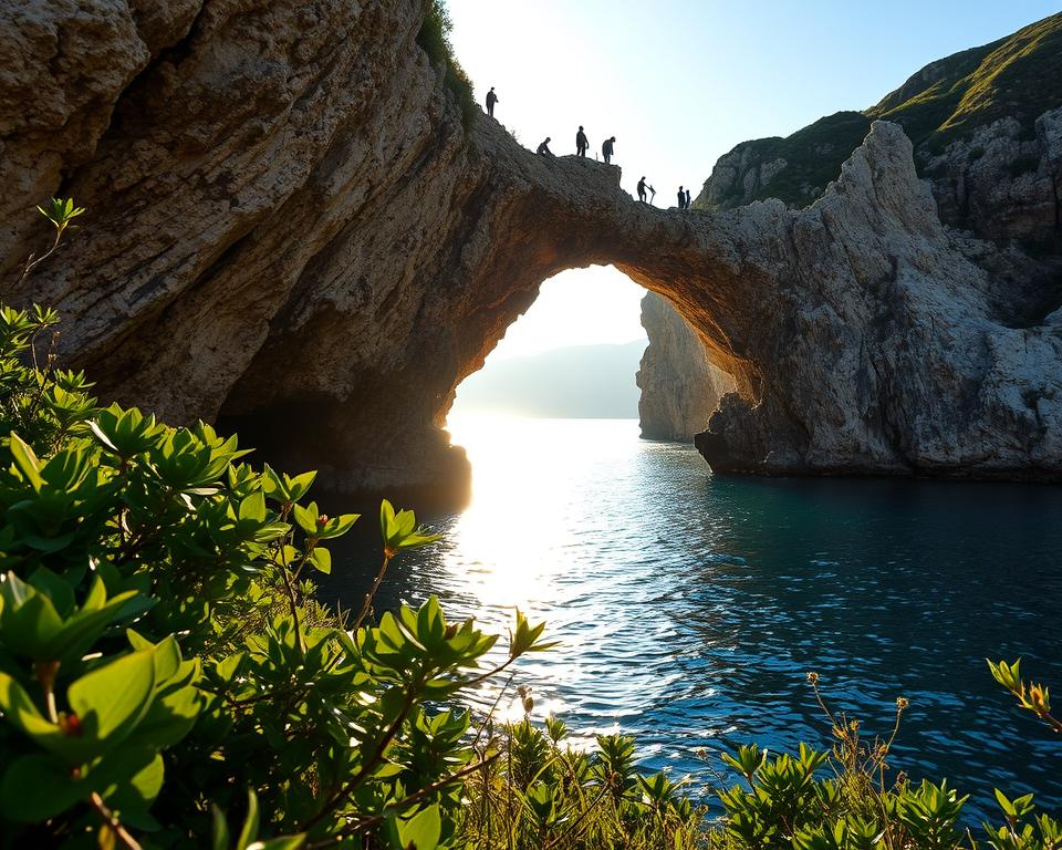 A serene depiction of the "Höhle der Nymphen" on Ithaka Island, capturing the essence of ancient mythology. In the foreground, lush green vegetation and detailed rocky formations frame the entrance of the cave, where soft, diffused sunlight filters through, creating a mystical glow. The middle ground features the shimmering water of a tranquil sea gently lapping against the shore, reflecting the golden hues of dawn. In the background, the rugged cliffs and a clear blue sky enhance the idyllic setting, suggesting a rich history. The scene radiates a serene and magical atmosphere, inviting the viewer to step into a world reminiscent of Odysseus's adventures. The angle is slightly elevated, providing a panoramic view that highlights both the cave's entrance and the surrounding natural beauty.