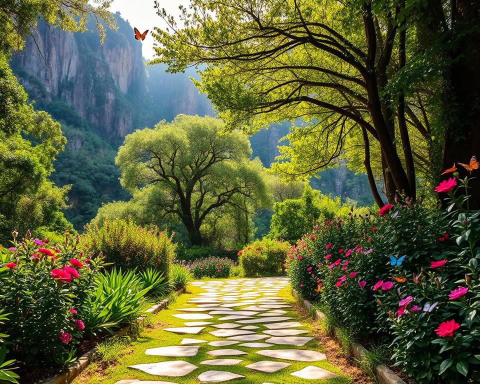 A serene entrance to the Butterfly Valley on Rhodes, showcasing a lush green landscape dotted with vibrant flowering plants. In the foreground, a well-maintained pathway made of natural stones leads into the valley, flanked by colorful butterflies fluttering around. The middle ground features dense trees with sunlight filtering through the leaves, creating a magical dappled light effect. In the background, steep cliffs rise majestically, covered with greenery, adding to the natural beauty. The scene captures early morning light, giving everything a warm, inviting glow while conveying a sense of tranquility and wonder. The atmosphere is peaceful, inviting visitors to explore this natural sanctuary.