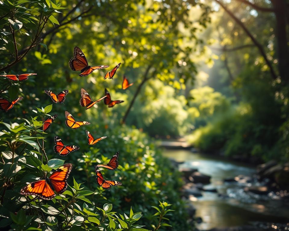 A serene image capturing the enchanting butterflies of Rhodes in their natural habitat. In the foreground, vibrant butterflies in various species flutter gracefully among lush green foliage, showcasing their intricate patterns and colors. In the middle ground, a tranquil stream flows gently, reflecting the dappled sunlight filtering through the leaves above. The background features the dense, sunlit forest of the Butterfly Valley, creating a lush, alive atmosphere. The scene is illuminated with soft, warm sunlight, enhancing the colors of the butterflies and the verdant landscape. The overall mood is peaceful and inviting, inviting respectful observation of this captivating ecosystem. No human subjects are present, ensuring a focus on the beauty of nature.