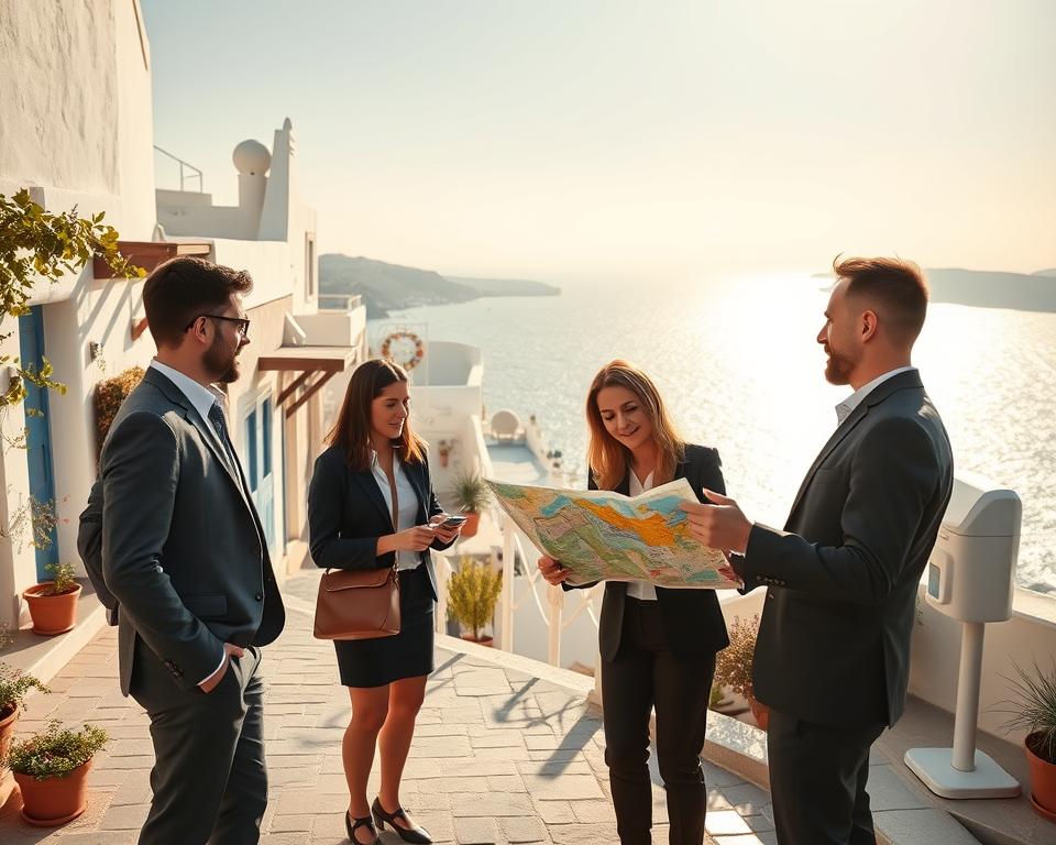 A serene seaside view of Greece in November, incorporating elements of health and safety during travel. In the foreground, a diverse group of three travelers in professional business attire discuss a map, appearing engaged and cautious. The middle ground features a clean, inviting village street with traditional white-washed buildings and potted plants, while safe practices are highlighted by visible hand sanitizer dispensers and signage promoting health protocols. In the background, the stunning Aegean Sea sparkles under soft, golden hour sunlight, creating a warm and inviting atmosphere. The scene is framed using a wide-angle lens to capture the expansive view, with a gentle focus on the group to convey the importance of collaboration and safety. The overall mood is calm, encouraging a sense of security and preparation for travelers in Greece.