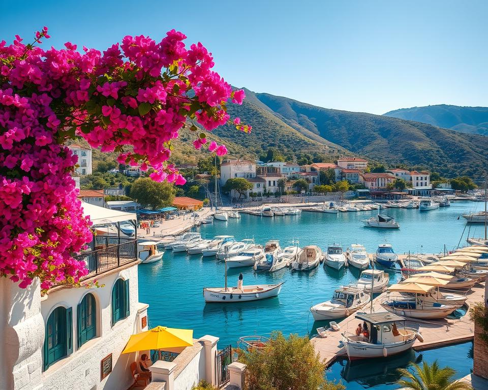 A serene view of Hafen Vathy, Ithaka, showcasing the picturesque marina filled with traditional Greek fishing boats gently bobbing in the crystal-clear turquoise waters. In the foreground, vibrant flowering bougainvillea cascades over whitewashed walls, enhancing the Mediterranean charm. The middle ground features cozy cafes and shops lining the waterfront, with patrons enjoying the sun under colorful umbrellas. In the background, lush green hills rise, dotted with olive trees and charming hillside homes, basking in warm golden sunlight during a late afternoon. The mood is tranquil and inviting, capturing the essence of a peaceful Greek island life. Capture this scene with a soft focus lens to enhance the dreamy quality, using natural lighting to highlight the colors and textures of the landscape.