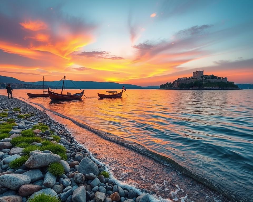 A serene view of Ohrid See at sunset, capturing the tranquil waters reflecting the warm hues of the sky. In the foreground, gently lapping waves roll onto a pebbled shore adorned with smooth stones and patches of lush green grass. In the middle ground, historic wooden boats bob gently on the calm surface, while distant fishermen cast their lines. The backdrop features the picturesque Ohrid town with its charming stone buildings and the ancient fortress perched on a hill, silhouetted against the vibrant orange and purple sky. The atmosphere is peaceful and inviting, evoking a sense of adventure and discovery. Soft, golden lighting enhances the natural beauty, with a wide-angle view that emphasizes the expansive landscape and inviting shoreline.