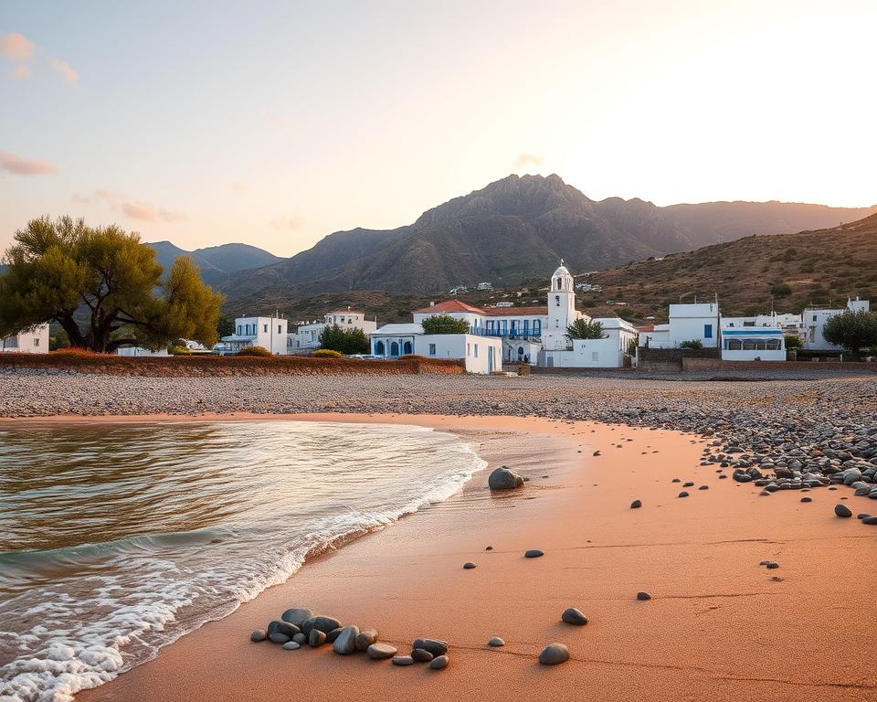 A serene view of the Greek island of Crete in November, capturing the essence of Mediterranean beauty. In the foreground, gentle waves lap against a sandy beach dotted with smooth pebbles, while a few olive trees offer shade and a touch of greenery. The middle ground showcases charming whitewashed buildings with blue accents, typical of Cretan architecture, nestled along a picturesque coastline. In the background, dramatic mountains rise under a softly lit sky painted in warm hues of orange and pink as the sun sets. The scene conveys a tranquil atmosphere, inviting serenity and reflection. The lighting is warm and golden, enhancing the idyllic feel of a late autumn evening. Shot with a wide-angle lens to capture the expansive landscape, evoking a sense of peace and beauty.