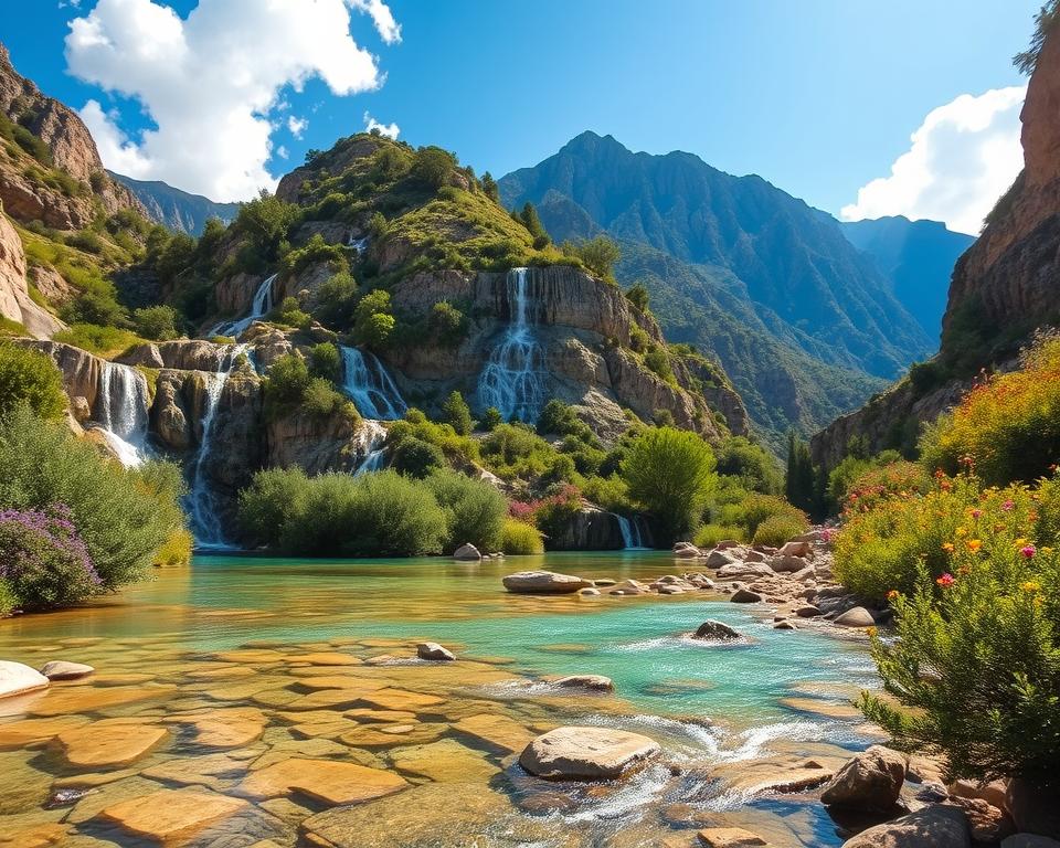 A serene view of the Kourtaliotiko Gorge in Crete, showcasing its breathtaking natural beauty. In the foreground, a clear turquoise stream flows gently over smooth stones, surrounded by lush green foliage and vibrant wildflowers. The middle ground features steep cliffs adorned with patches of trees and cascading waterfalls, glistening in the sunlight. In the background, towering mountains rise against a clear blue sky, dotted with fluffy white clouds. The scene is illuminated by warm, golden sunlight, creating a tranquil and inviting atmosphere. The composition captures the essence of environmental conservation and respect for nature, encouraging viewers to appreciate and protect this stunning landscape.