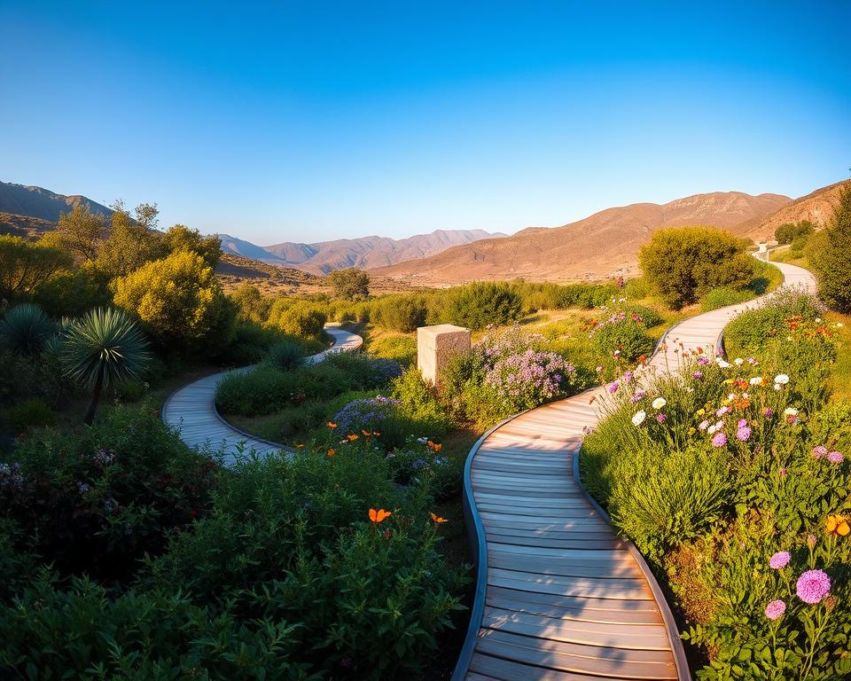A serene view of the Petaloudes Valley in Rhodes, showcasing winding paths and wooden walkways surrounded by lush greenery and vibrant butterfly populations. In the foreground, a well-maintained wooden boardwalk gently curves through dense foliage, leading toward a bright, sunlit clearing. The middle ground features varieties of colorful flowers in full bloom, attracting butterflies in various stages of flight. In the background, soft mountains rise under a clear blue sky, their gentle slopes bathed in warm sunlight. Capture the scene with a wide-angle lens, emphasizing depth and inviting exploration, evoking a calm, enchanting atmosphere that invites the viewer to experience the tranquil beauty of this butterfly valley. Ensure a high level of detail in the textures and colors to reflect the natural beauty.