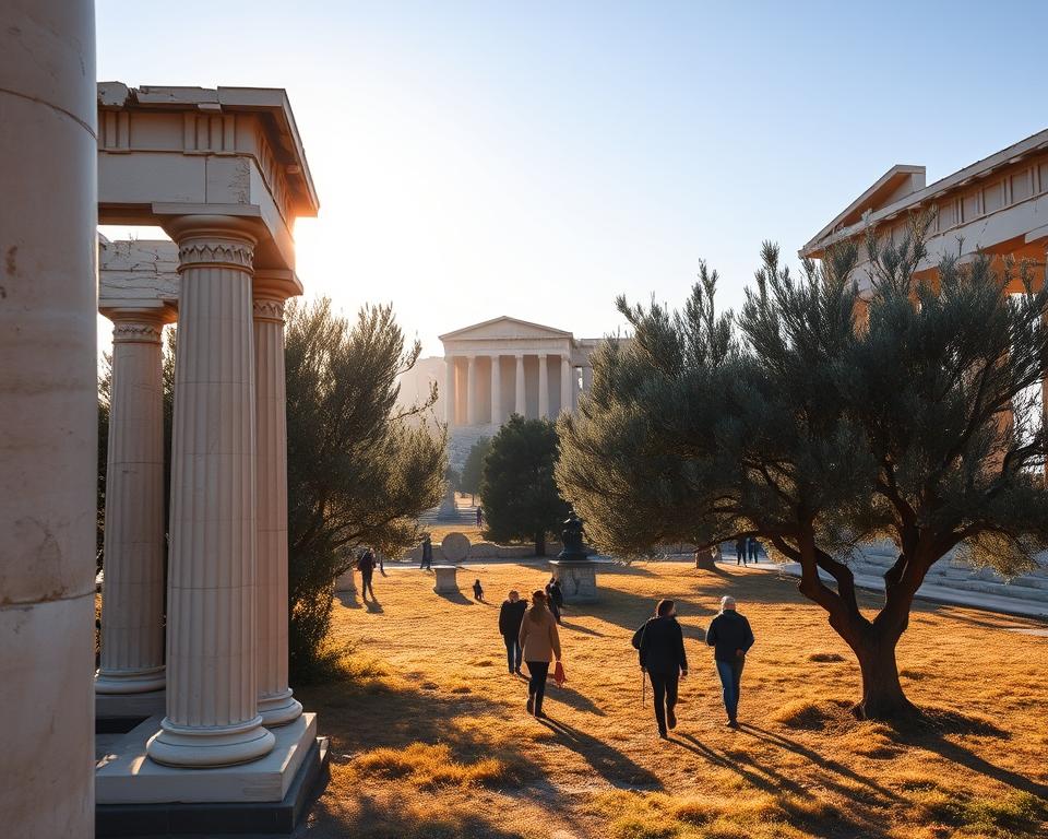 A serene winter morning in Greece, capturing a historical site such as the Parthenon in Athens. In the foreground, ancient marble columns stand majestically, their surfaces glistening with dew under soft, golden sunlight. The middle ground features lush olive trees, their leaves rustling gently in the crisp air, while a few tourists in modest casual attire explore the site, admiring the architecture without any long queues. In the background, the Acropolis gleams under the clear blue sky, emphasizing the beauty of Greece's history. The scene is bathed in warm, inviting light that creates a peaceful atmosphere. Capture this from a slightly elevated angle to encompass both the monument and the landscape, adding depth to the image.