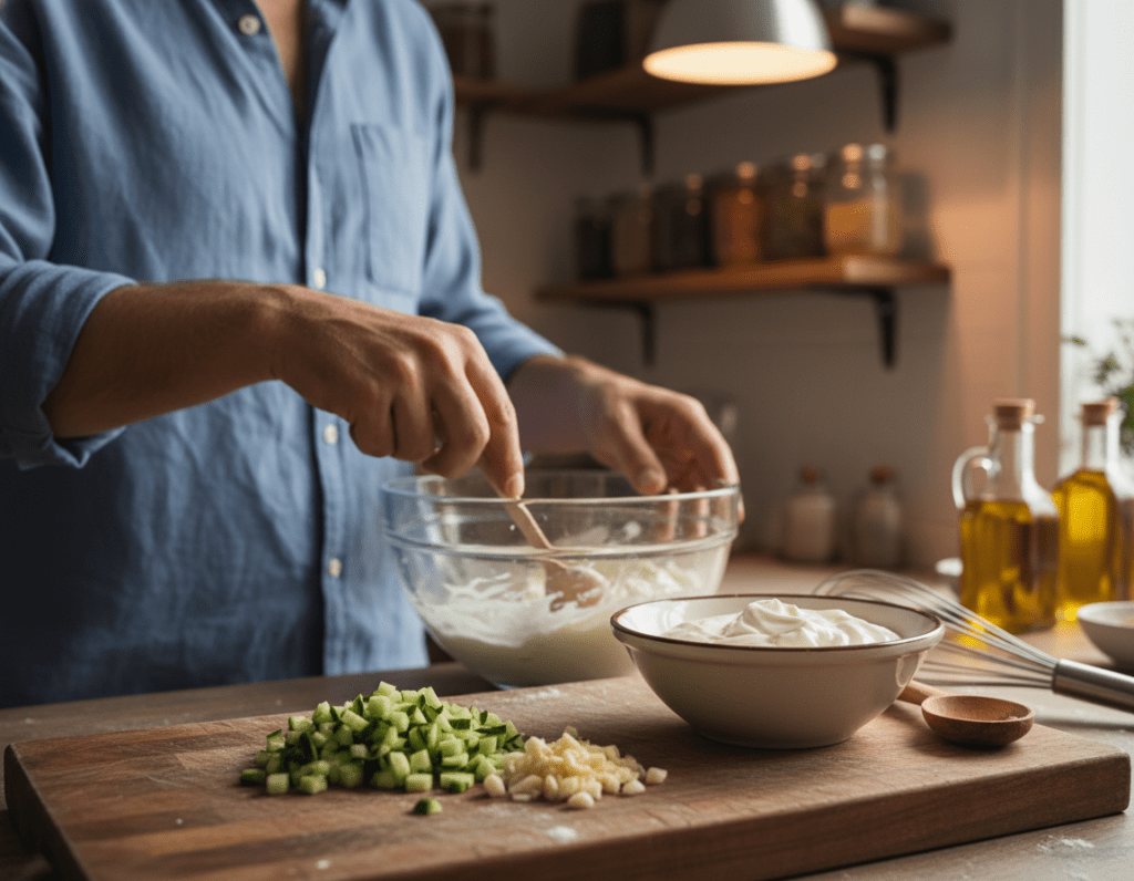 A step-by-step preparation scene of traditional tzatziki, showcasing fresh ingredients beautifully arranged. In the foreground, a wooden cutting board displays finely chopped cucumber and garlic, alongside a bowl of creamy yogurt. A whisk and a measuring spoon complement the setup, hinting at the mixing process. In the middle ground, a person in modest casual clothing carefully combines the ingredients, with a look of concentration on their face. Bright kitchen lighting illuminates the scene, creating a warm and inviting atmosphere. In the background, shelves are lined with spices and olive oil, adding depth to the culinary environment. The focus is sharp on the tzatziki preparation, inviting viewers to engage in the delightful process of making this classic dish.