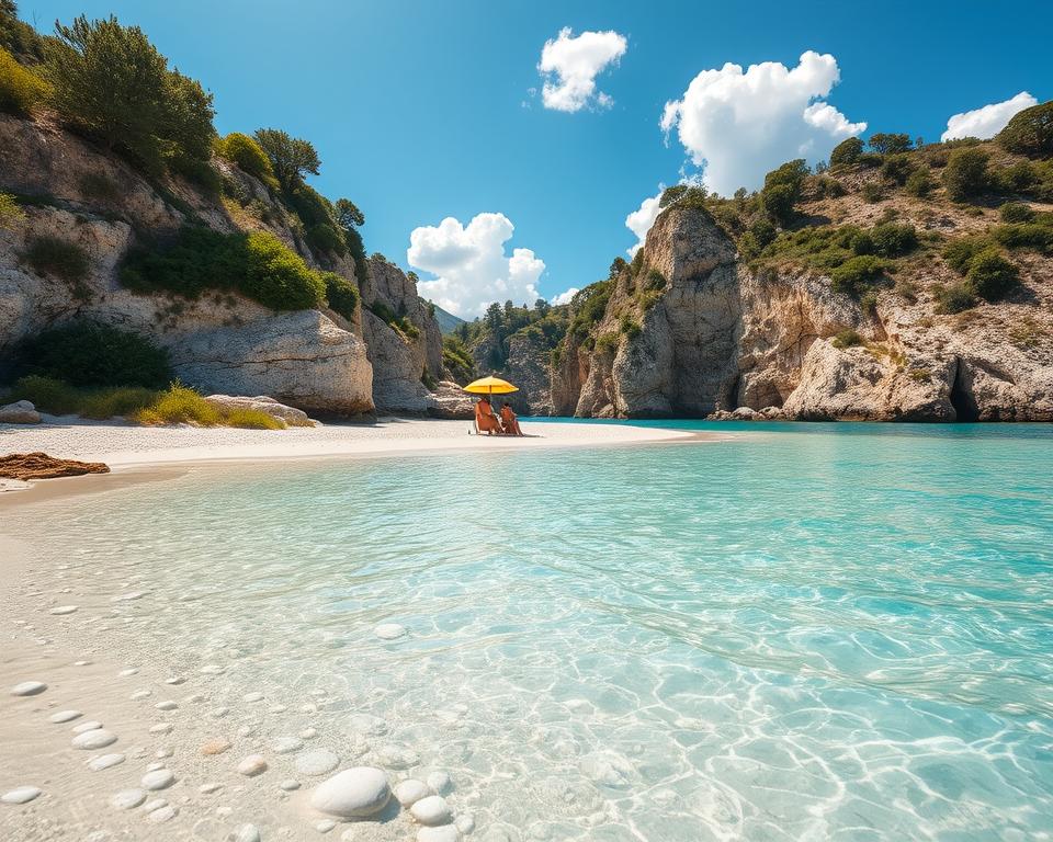 A stunning beach scene on the island of Ithaka, Greece, featuring crystal-clear turquoise waters gently lapping against a sun-kissed shore. In the foreground, delicate white sands are dotted with smooth pebbles, surrounded by lush green vegetation. In the middle ground, a couple of people in modest beach attire relax under a vibrant sun umbrella, enjoying the serene atmosphere. The background showcases rugged cliffs draped in flourishing greenery and olive trees, set against a bright blue sky with fluffy white clouds. The image is illuminated by warm, golden sunlight, creating a peaceful and dreamy ambiance, ideal for conveying the idyllic charm of Ithaka's finest beaches. High-resolution with a wide-angle perspective to capture the breathtaking landscape without any text or distractions.